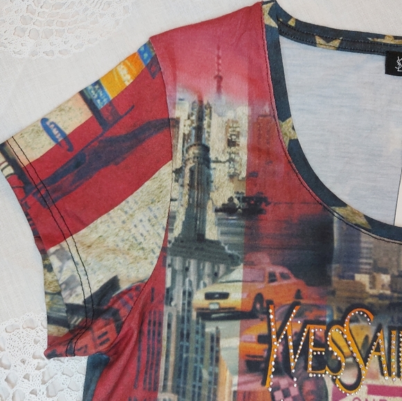 Yves St Laurent Inspired New York Novelty Print Short Sleeve Top Sz M - Picture 6 of 10
